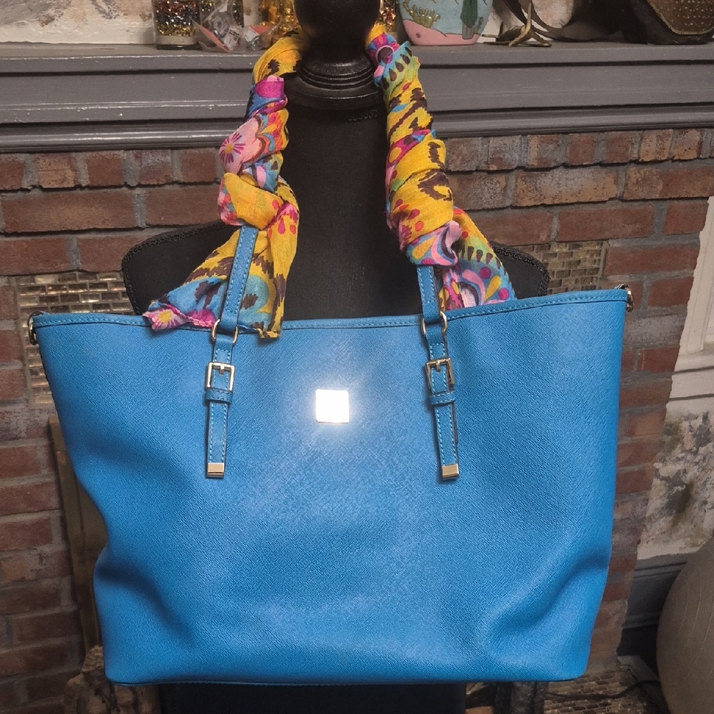 Sisley Blue Tote with Vibrant Scarf Handles